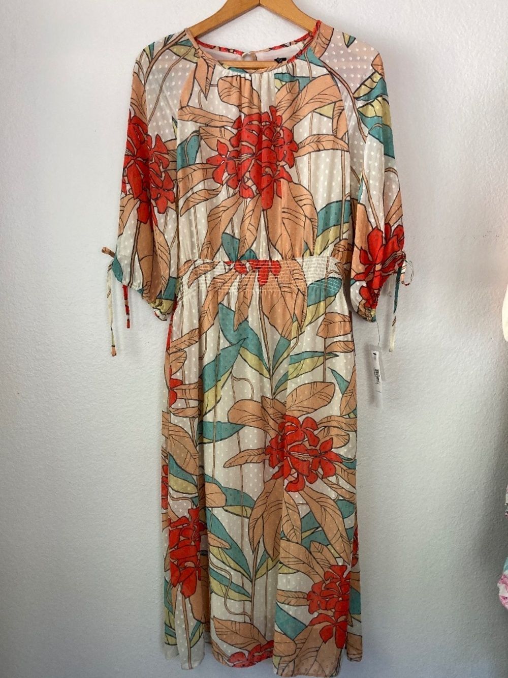 Maggie London Tropical Floral Smocked Waist Midi Dress Sz 12 Wedging Guest